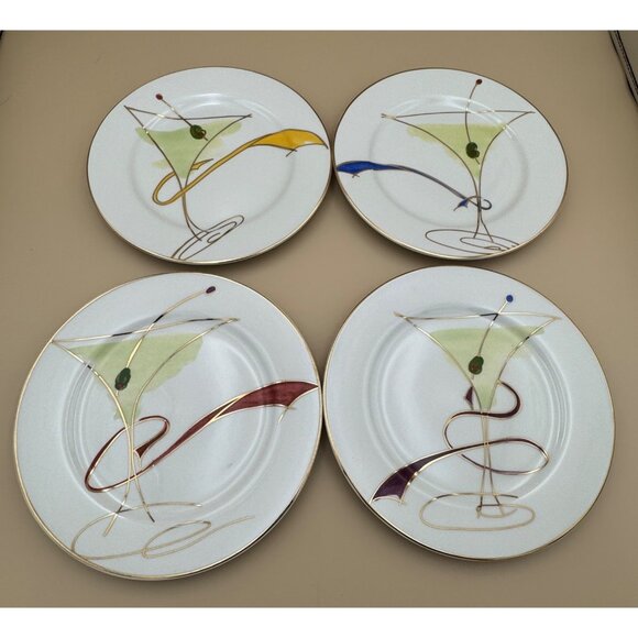 Set of 4 Pier 1 Martini Cocktail Dessert Plates Olive Porcelain Appetizer 7.5" - Picture 1 of 16